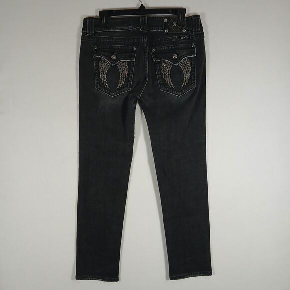 WOMENS MISS ME JEANS JET BLACK RHINESTONE WING POCKETS SZ 31 #509 - Picture 1 of 10